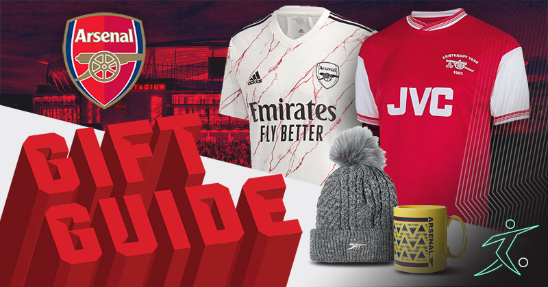 gift guide for arsenal fans title with arsenal shirts hat and mug
