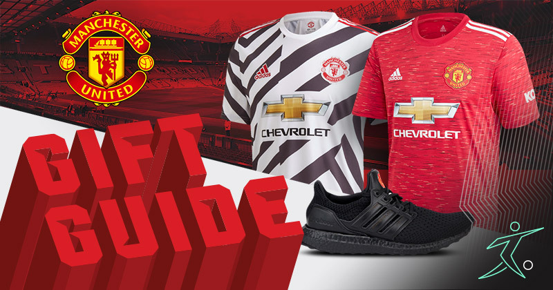 The Best Manchester United Gifts 2020 Buying Guide header with Manchester United shirt and trainers