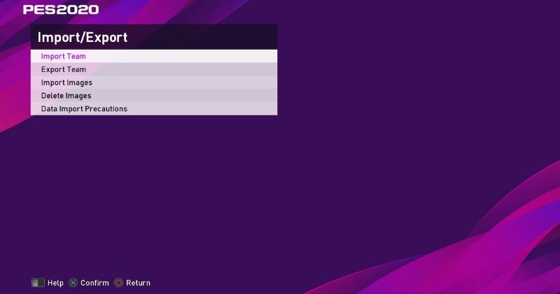 screenshot of import/export menu