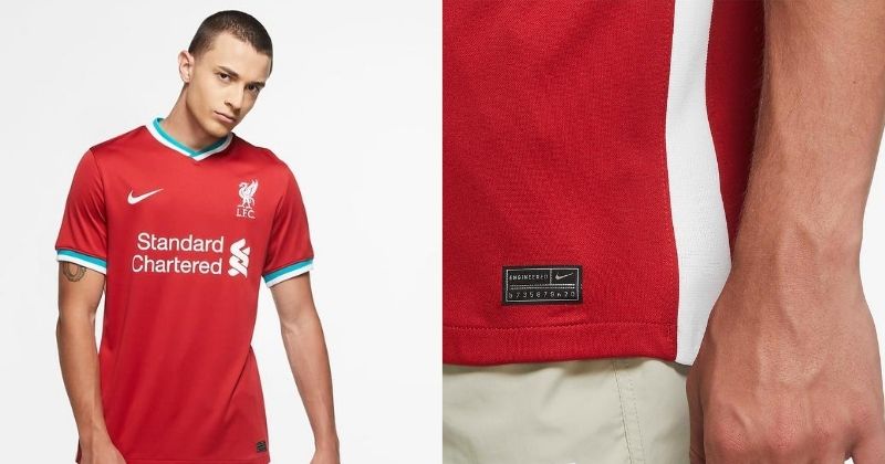 close-up of liverpool's 2020-21 shirt showing nike the technology used in the design