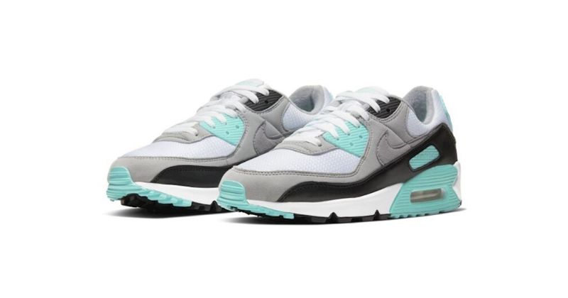 Nike Air Max 90 in grey white black and light blue on white background