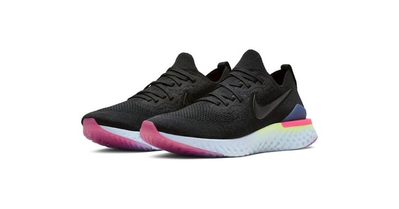 Nike Epic React Flyknit 2 in black white and pink on white background
