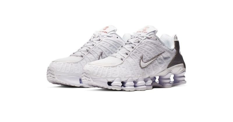 Nike Shox TL in white and silver on white background