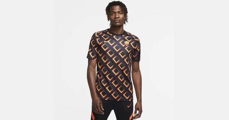 as roma black and orange 2020/21 pre-match shirt on white background