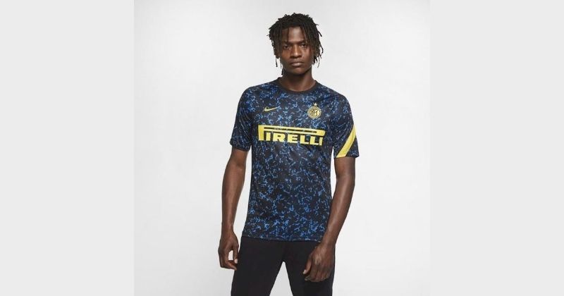 inter milan blue black and yellow 2020/21 pre-match shirt on white background