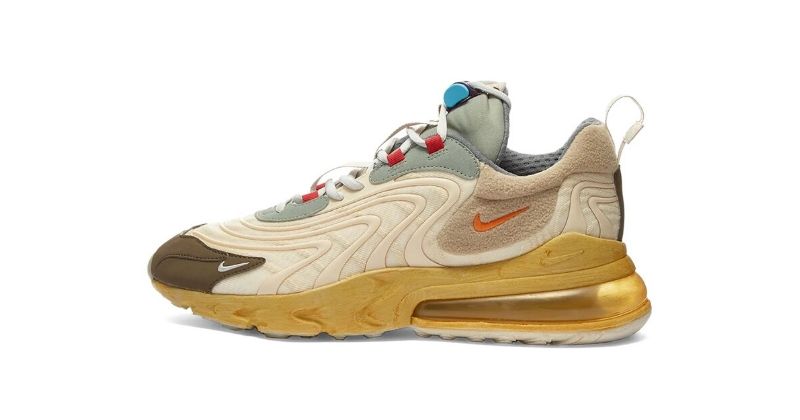 Nike x Travis Scott Air Max 270 React Cactus Trails in beige sand on white background
