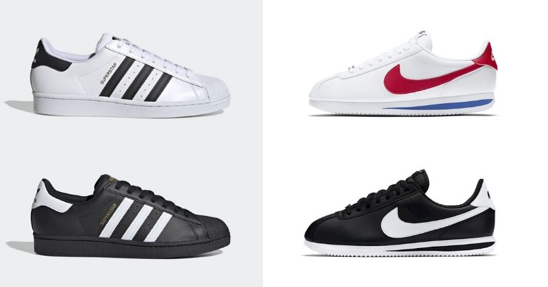Black and white Nike Cortez face black and white adidas Superstar on half grey and half white background