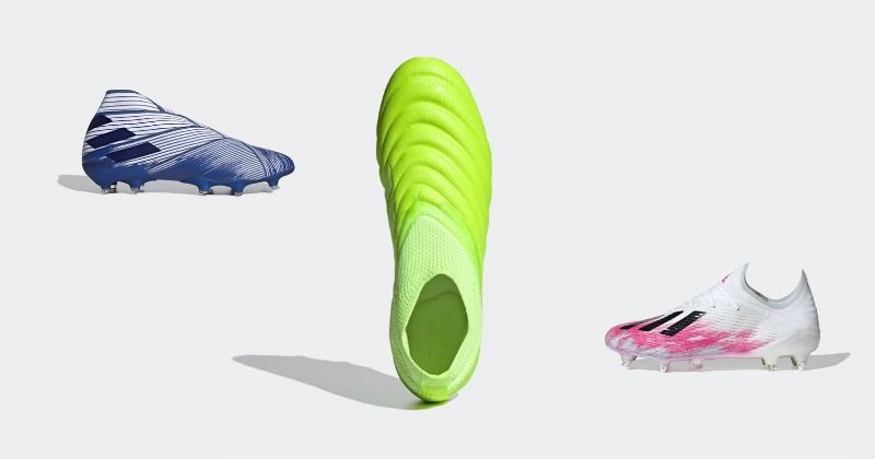 adidas football boots in various colours on grey background
