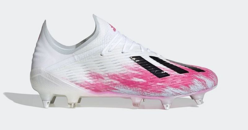 adidas X boot in white and pink on light grey background