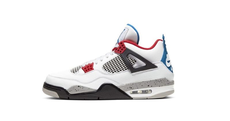 Nike Air Jordan IV 4 in white with black grey and red detail on white background