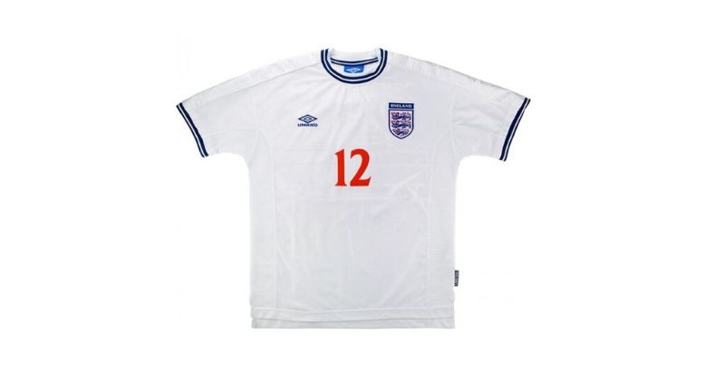 white england football shirt with navy collar and cuffs