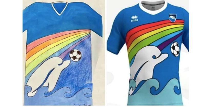 pescara dolphin and rainbow 2020 kit alongside the drawing its based on