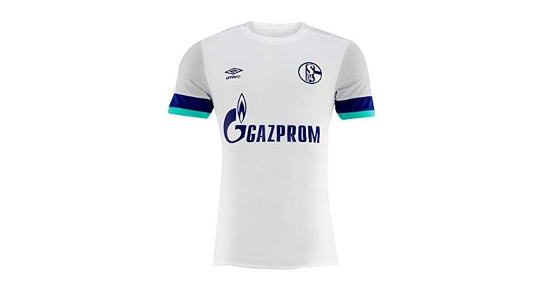 smart white schalke 2019-20 away kit with dark blue and turquoise cuffs
