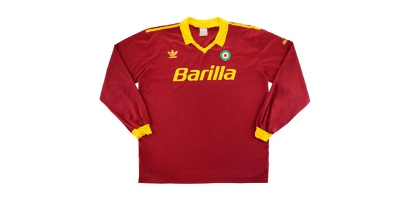 purple and yellow adidas roma home shirt with classic barilla sponsor