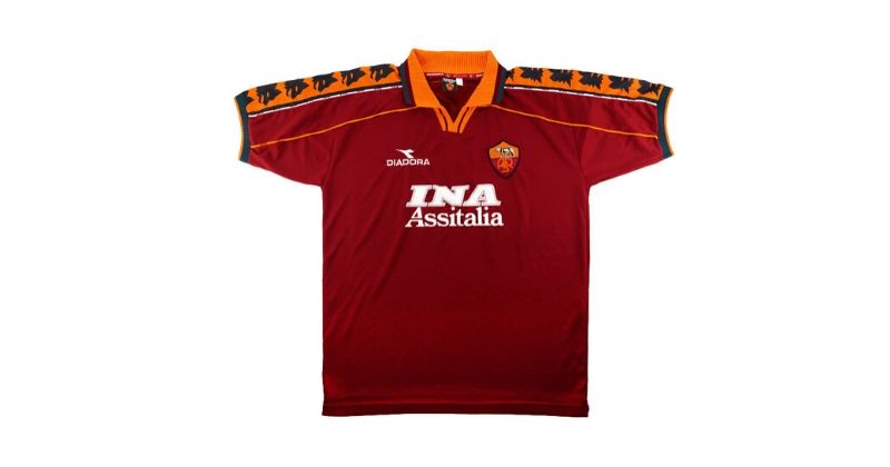 imperial purple 98-99 roma home shirt with lupetto pattern on the shoulders