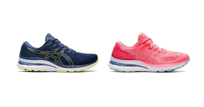 mens and womens asics gel kayano 28 running shoes in blue and pink