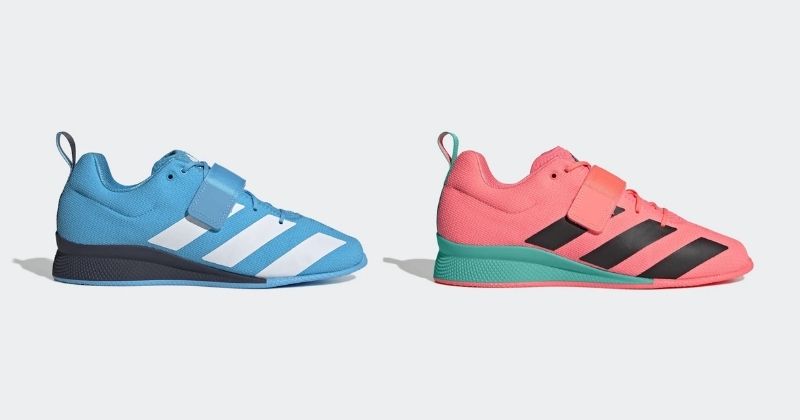 mens and womens adidas adipower 2 weightlifting shoes in blue and pink