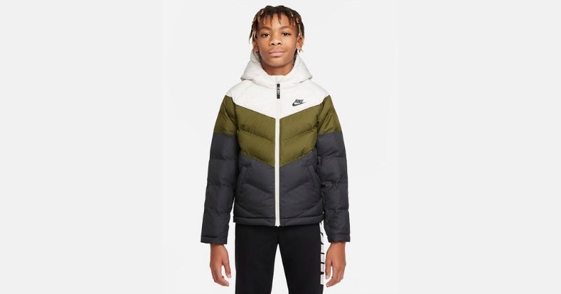 kids nike padded winter jacket in white green and navy
