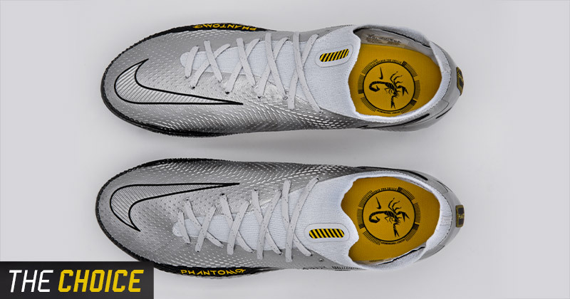 nike phantom gt scorpion football boots in silver and yellow top down view