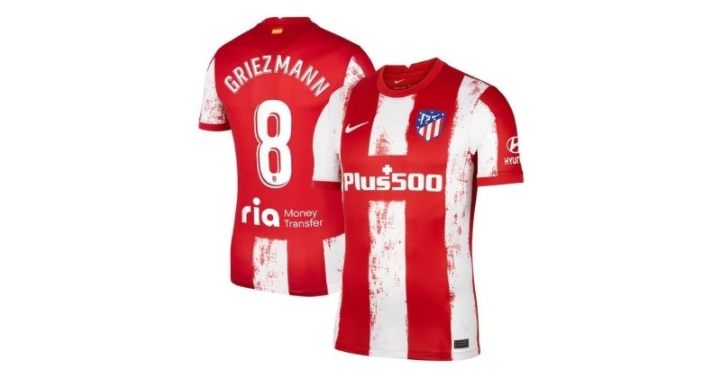 atletico madrid home shirt with grizemann in red and white