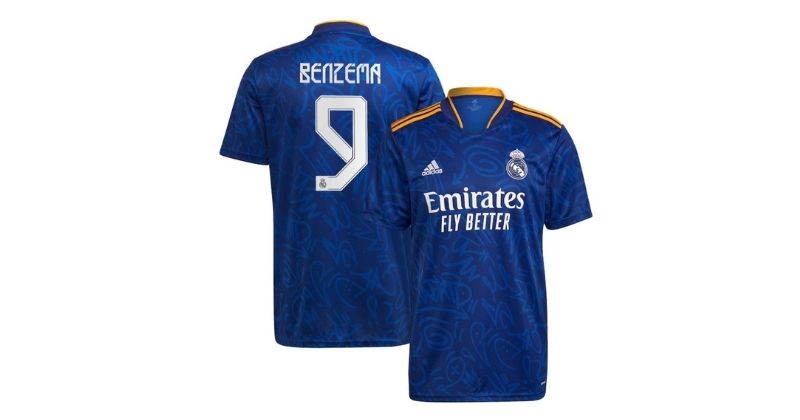 real madrid away shirt with benzema in blue