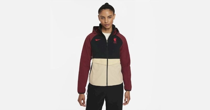 womens liverpool fc woven jacket in maroon black and beige
