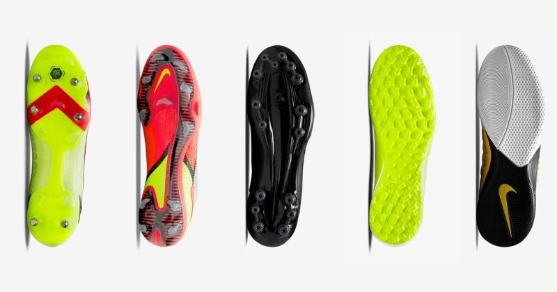 Nike football boot soles showing soft ground firm ground artificial ground astro turf and indoor court surface type styles