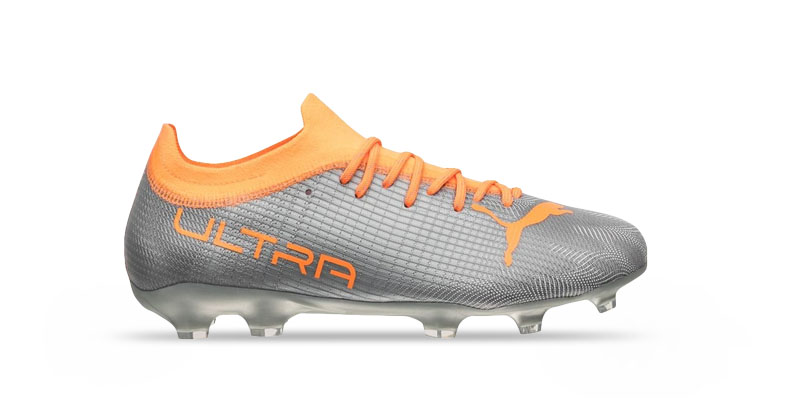 kids puma ultra football boots in silver and orange