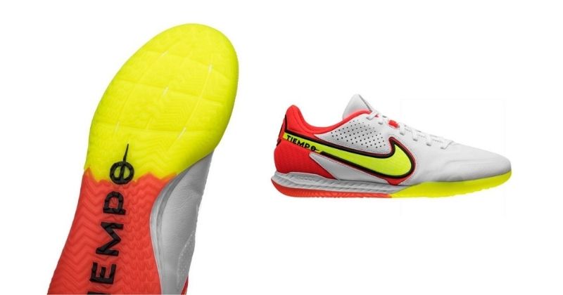 indoor type nike tiempo football shoes in white yellow and red