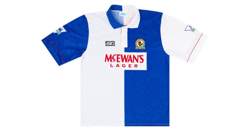 blackburn rovers mcewans lager shirt in blue and white