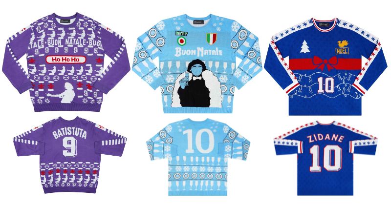 classic football shirts legends christmas jumpers in purple light blue and blue