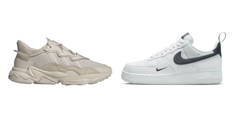 adidas ozweego and nike air force 1 trainers in beige and white