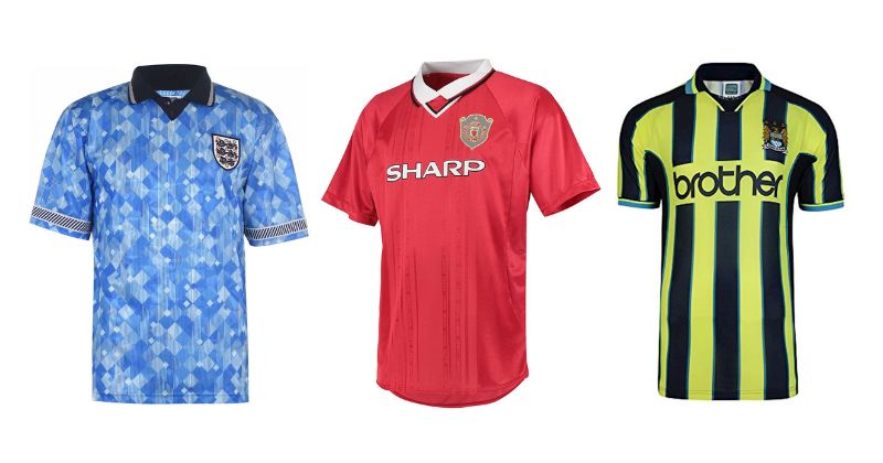 retro football shirts england blue manchester united red and manchester city yellow