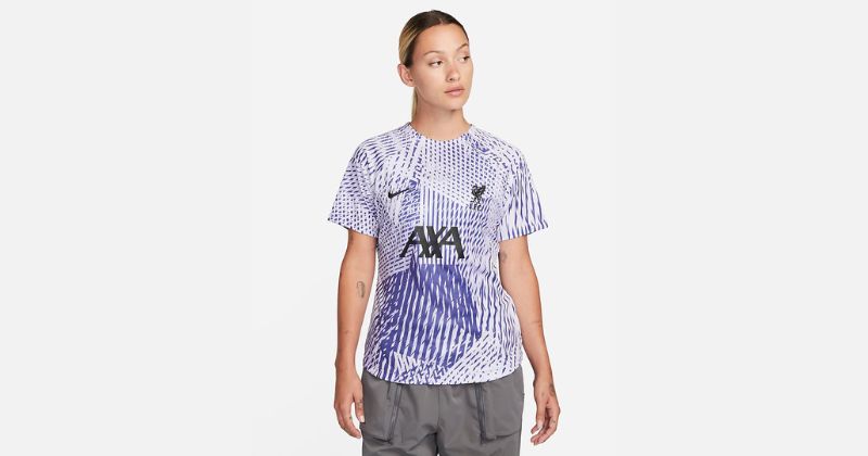 womens liverpool pre match shirt 2022-23 in white and purple