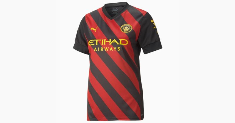 womens man city away shirt 2022-23 in red and black