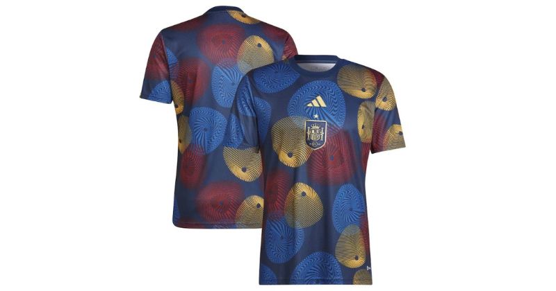 spain pre match shirt 2022 in blue and yellow