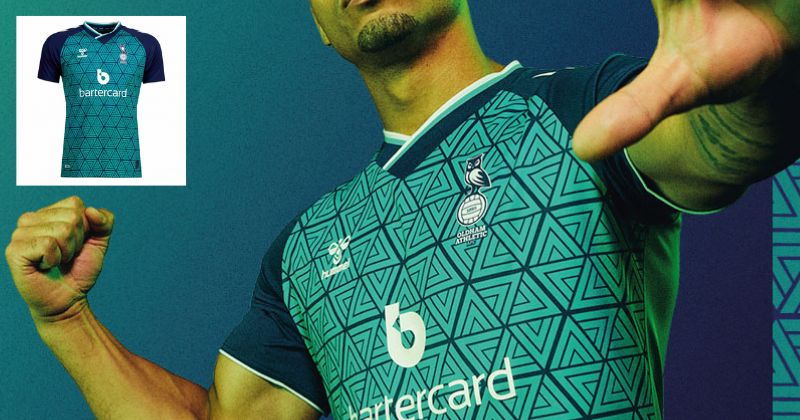 oldham athletic away shirt in teal and blue