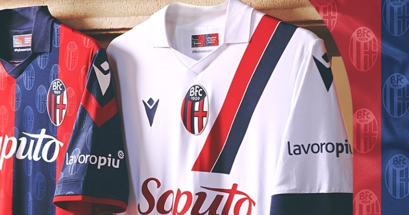 bologna 2023-24 away shirt in white with blue and red stripes