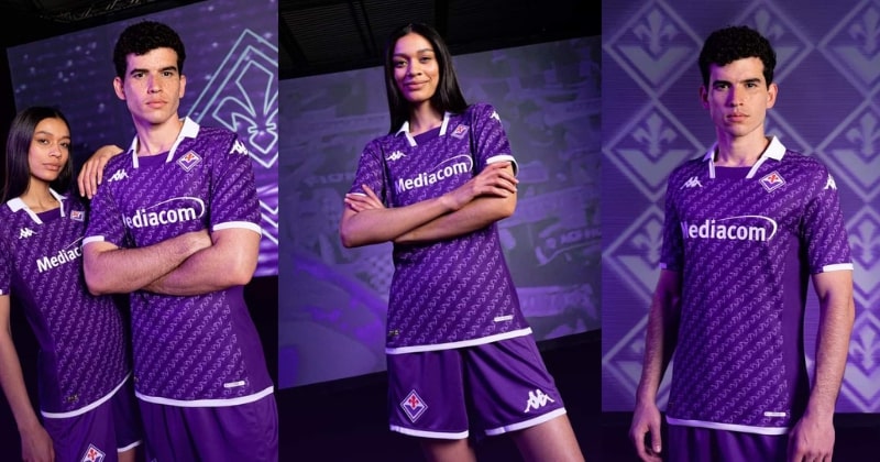 male and female players wearing fiorentina 2023-24 home shirt in purple