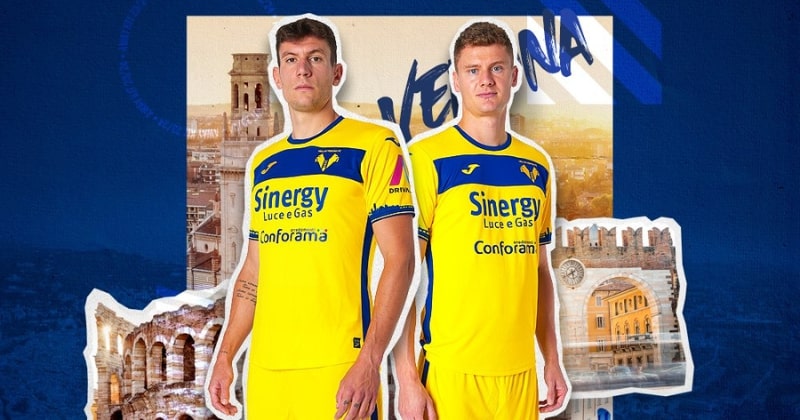 two players wearing hellas verona 2023-24 away shirt in yellow and blue