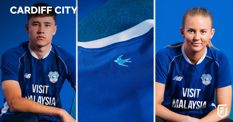 male and female player wearing cardiff city 2023-24 home shirt in blue