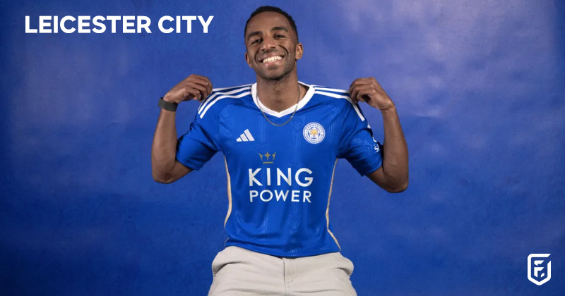 player sat wearing leicester city 2023-24 home shirt in blue