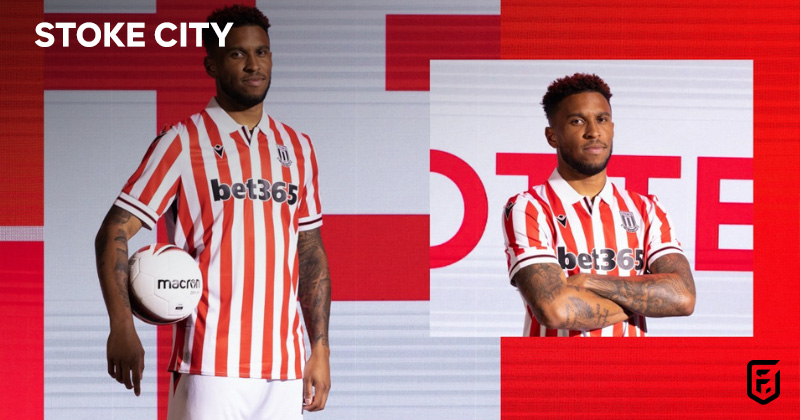 player wearing stoke city 2023-24 home shirt in red and white stripes