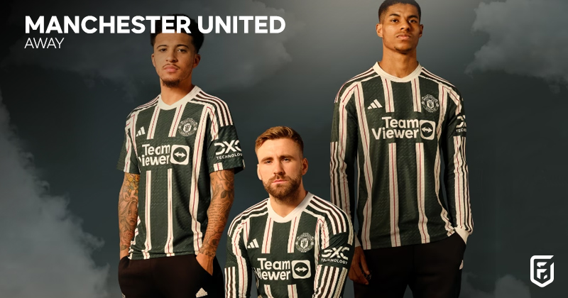 manchester united 2023-24 away shirt in green and white stripes worn by sancho shaw and rashford