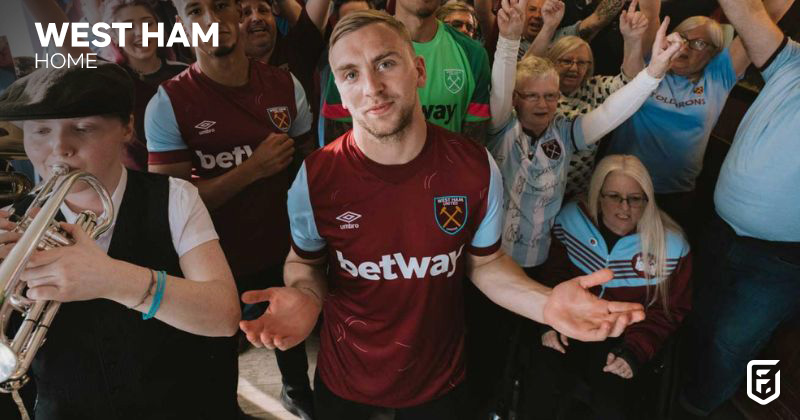 jarrod bowen wearing west ham united 2023-24 home kit in claret and blue