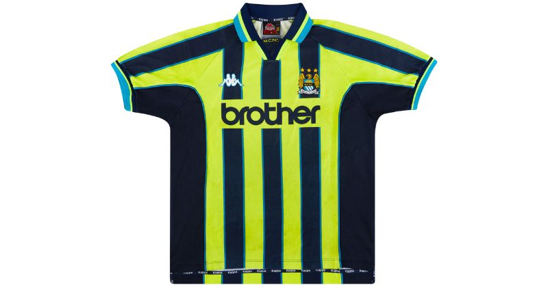 manchester city 1998/99 away shirt in neon yellow and navy stripes