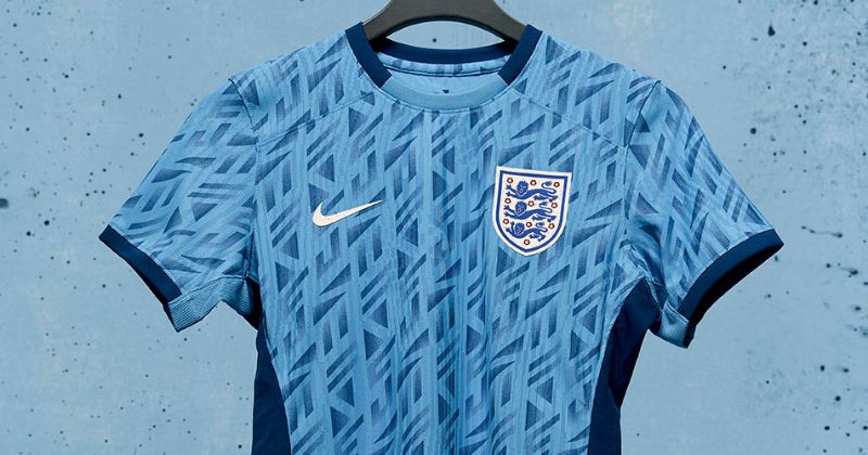 womens england away shirt 2023 in light and dark blue pattern