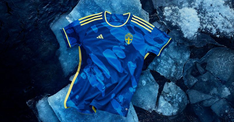 womens sweden away shirt 2023 in blue and yellow
