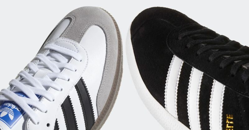 close up of adidas samba and gazelle trainers with toe caps