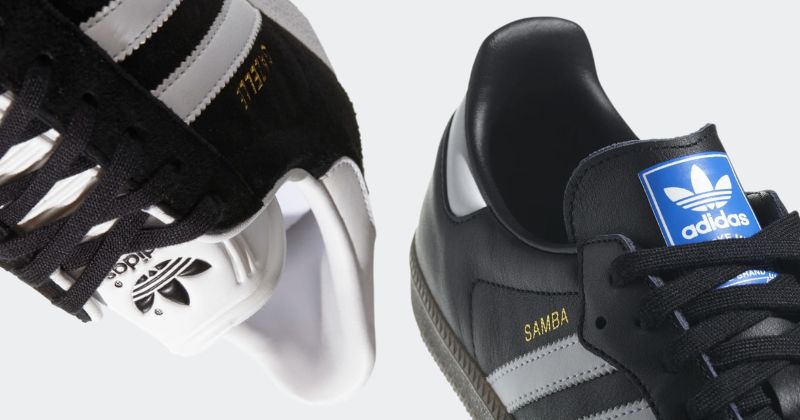 close up of adidas gazelle and samba trainers showing tongues
